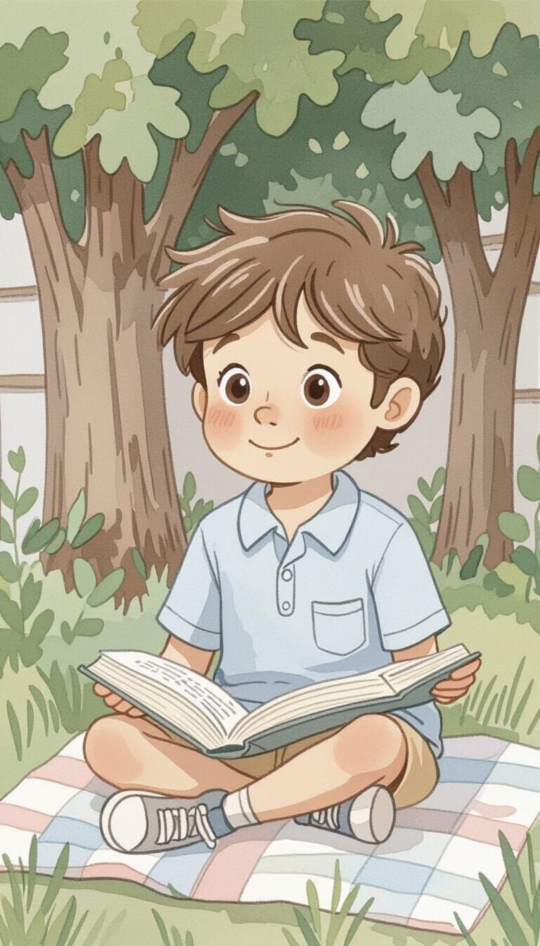 Pastel Illustration of Boy Reading a Book