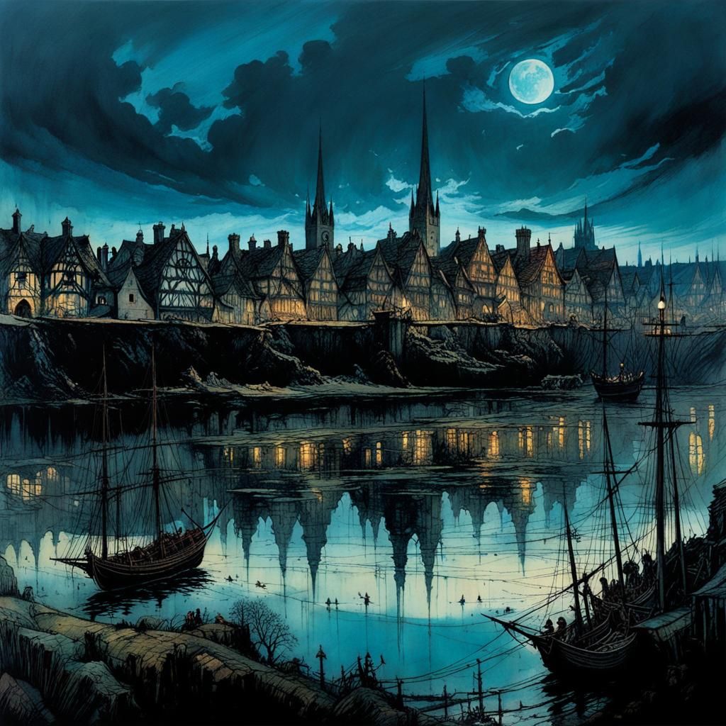 Medieval Townscape in Noctilucent Dreamscape