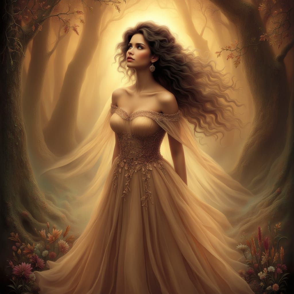 Brunette Princess in Light Brown Gown in Ethereal Forest