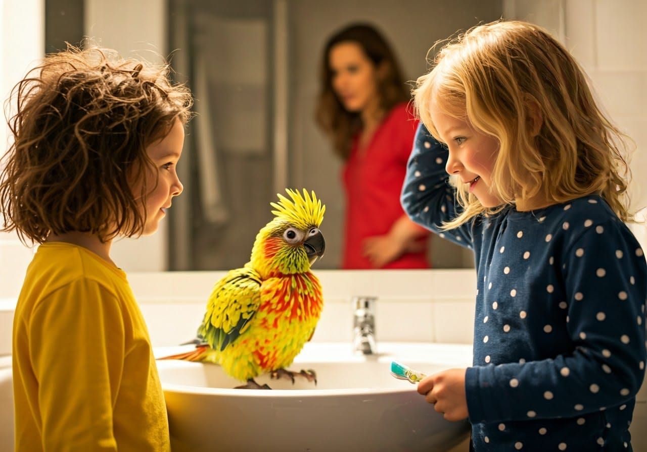 Sisters in Vibrant Pyjamas in a Whimsical Bathroom Scene