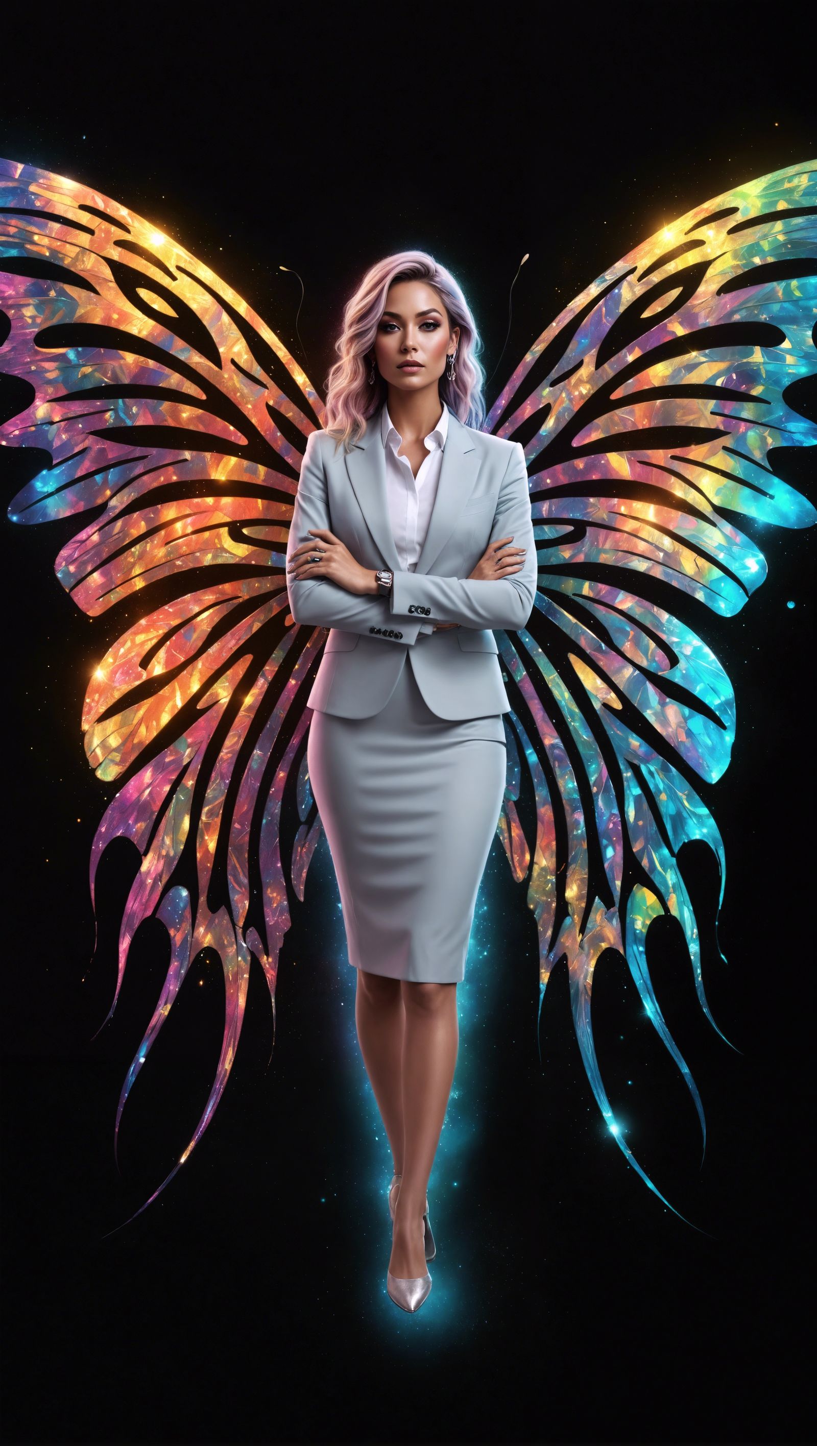 Butterfly Winged Businesswoman in Holographic Graffiti Style