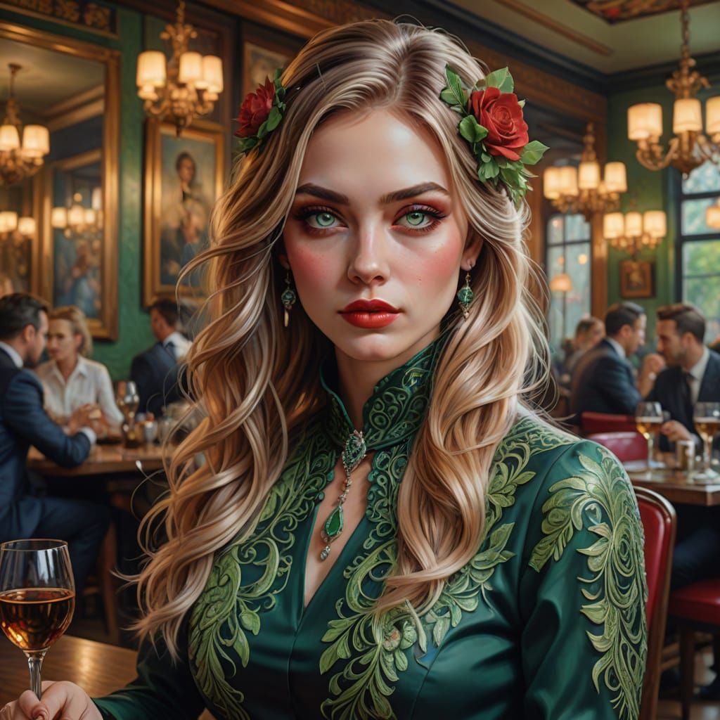 Elegant Tattooed Woman in Luxury Restaurant Oil Painting