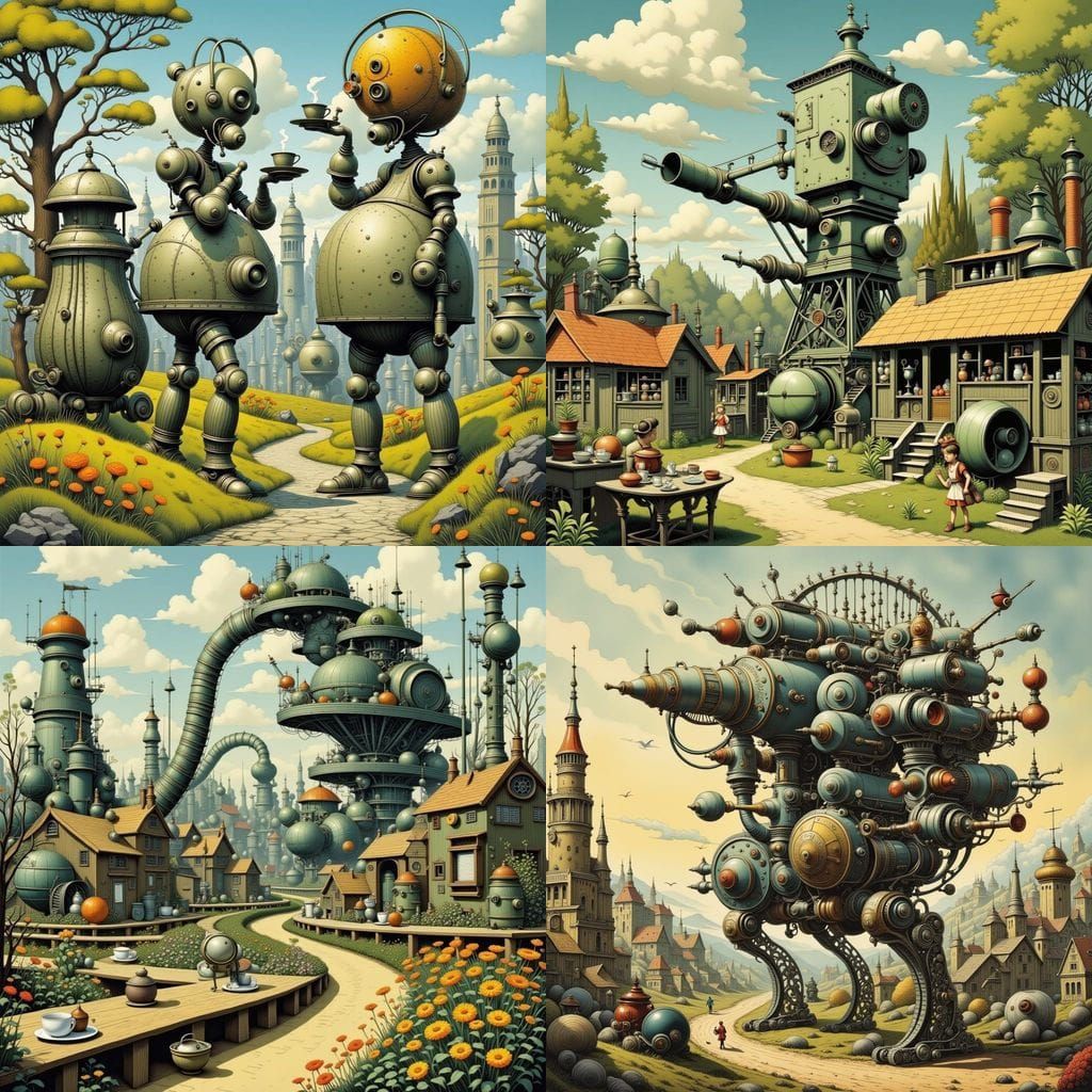 Dieselpunk Robot Tea Party in Sculpture Garden