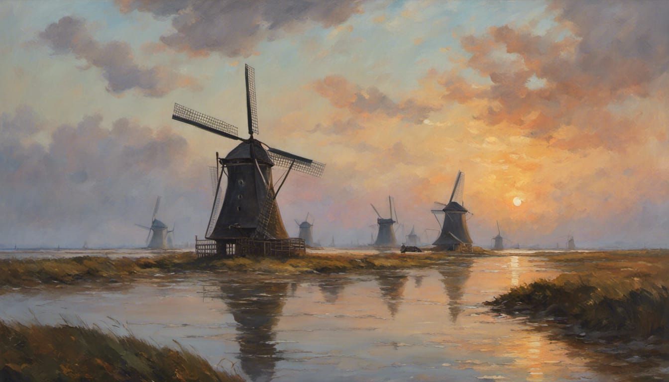 Coastal Sunset: Giant Dutch Windmills in Oil