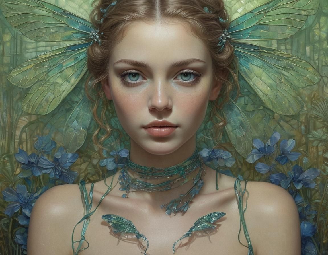 Woman with Dragonflies in Symbolist Style