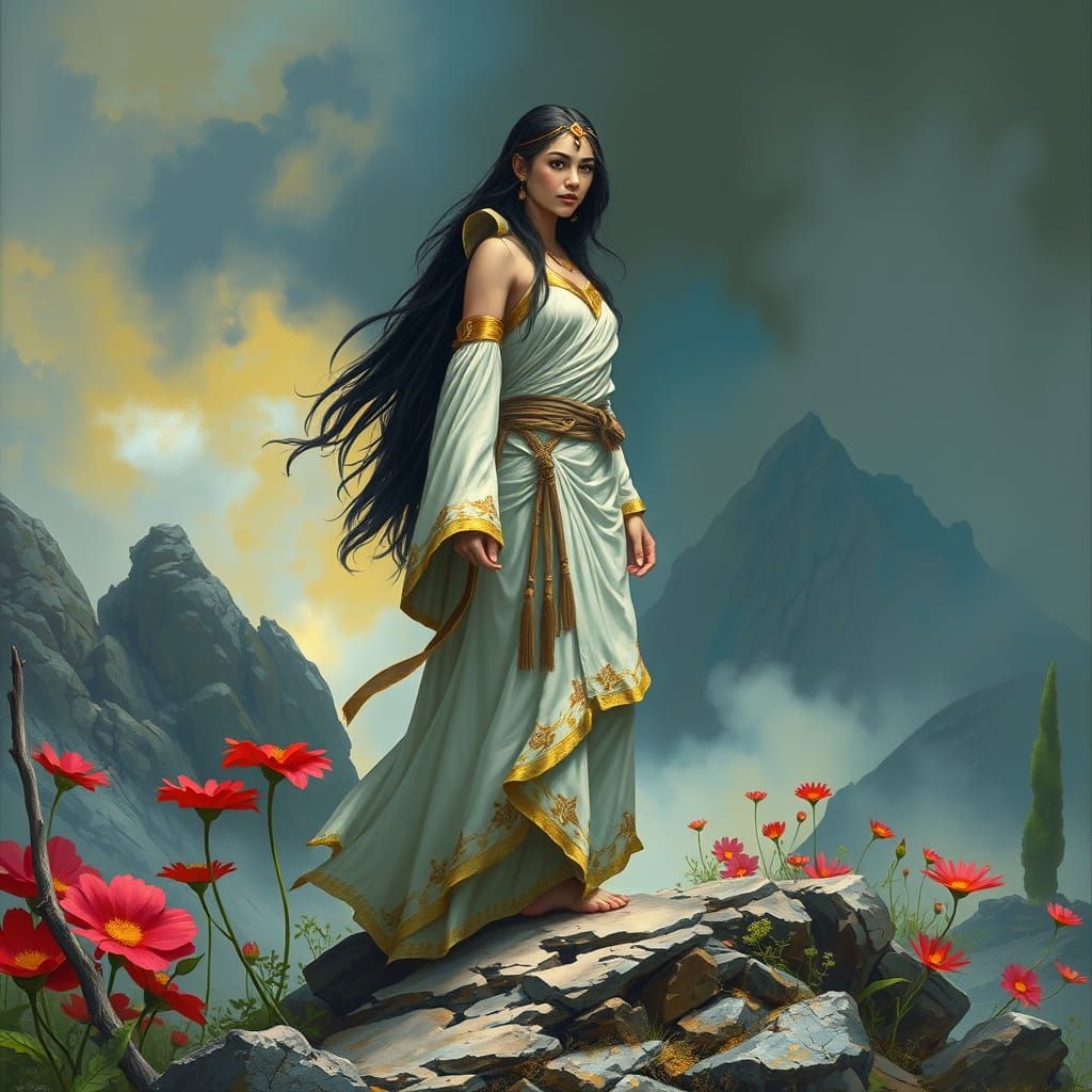 Ethereal Female Shaman in Vibrant Mountain Landscape