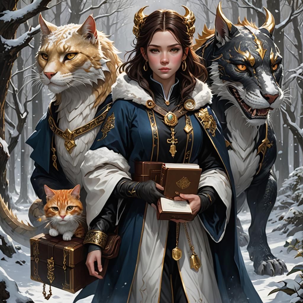 Girl with Cats and Dragon in Snowy Forest
