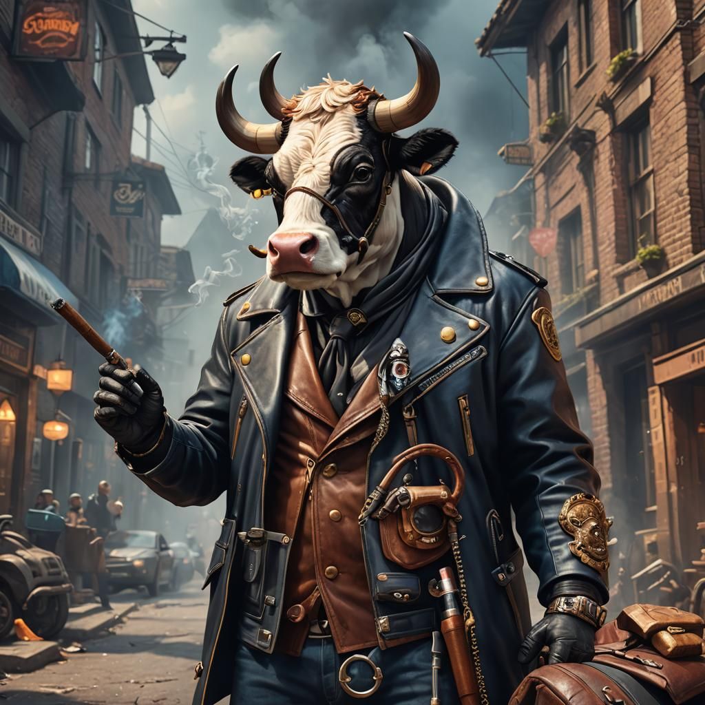 Biker Cow: Detailed Matte Painting in Deep Color