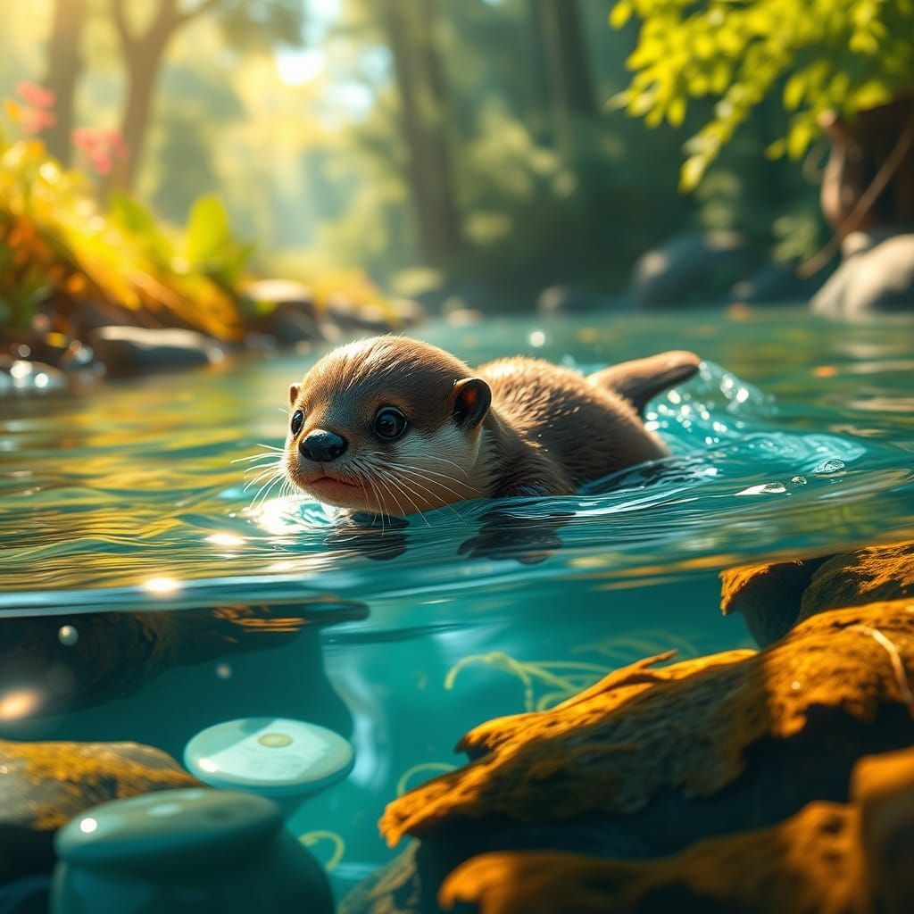 Playful Otter in Mystical River: Dreamlike Matte Painting