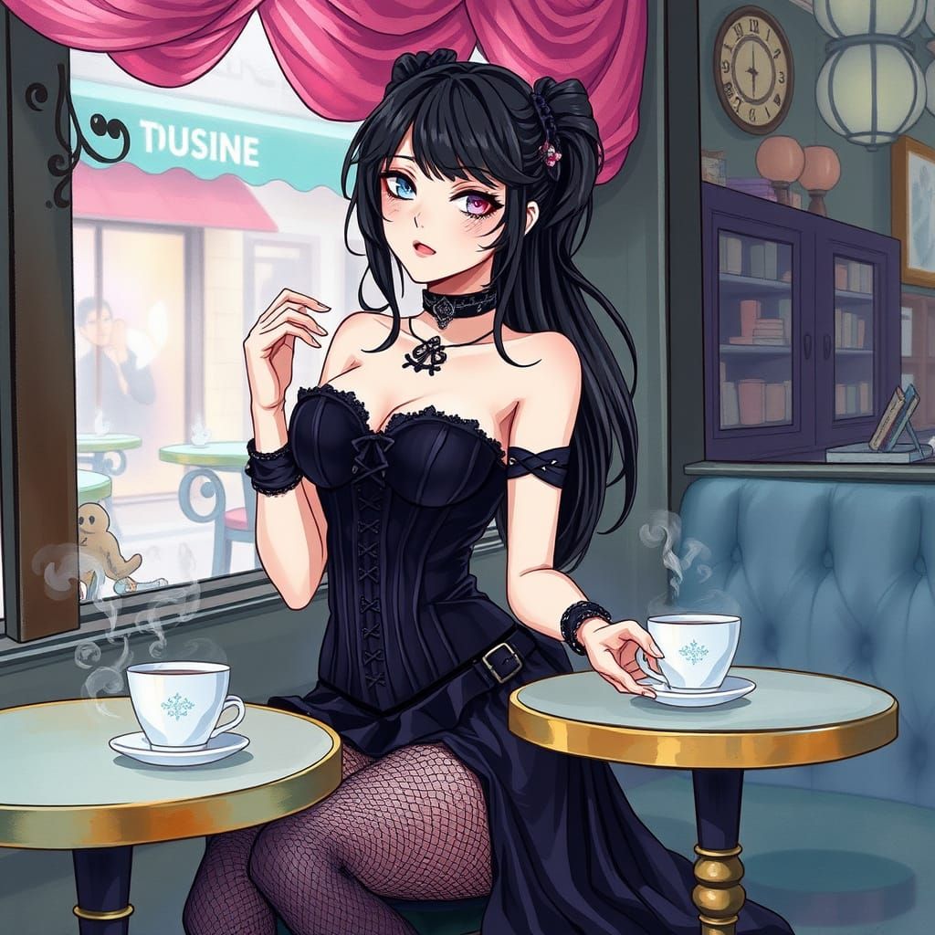 Gothic Woman at Cafe in Vibrant Anime Style