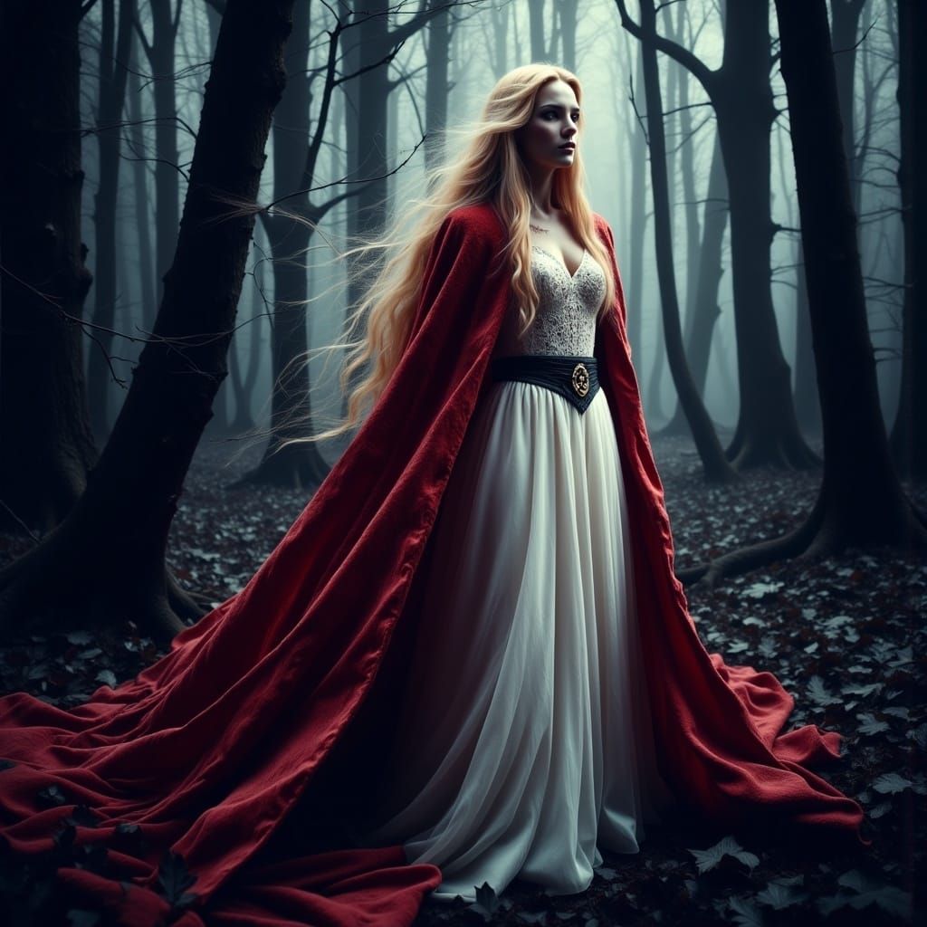 Regal Figure Emerges from Dark Woods in Noctilucent Hues