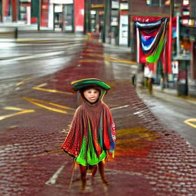 Child in Colorful Poncho on Rainy Market Street