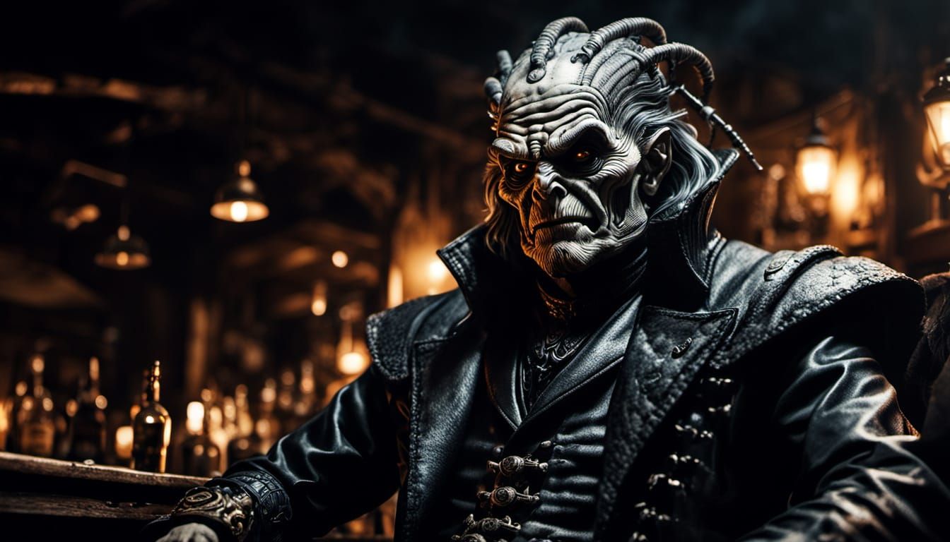 Evil Villain at Pub in Biomechanical Dark Fantasy