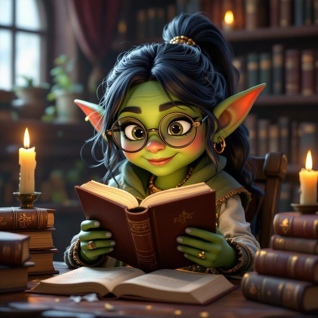 Charming Goblin Reads in Cozy Library: 3D Render