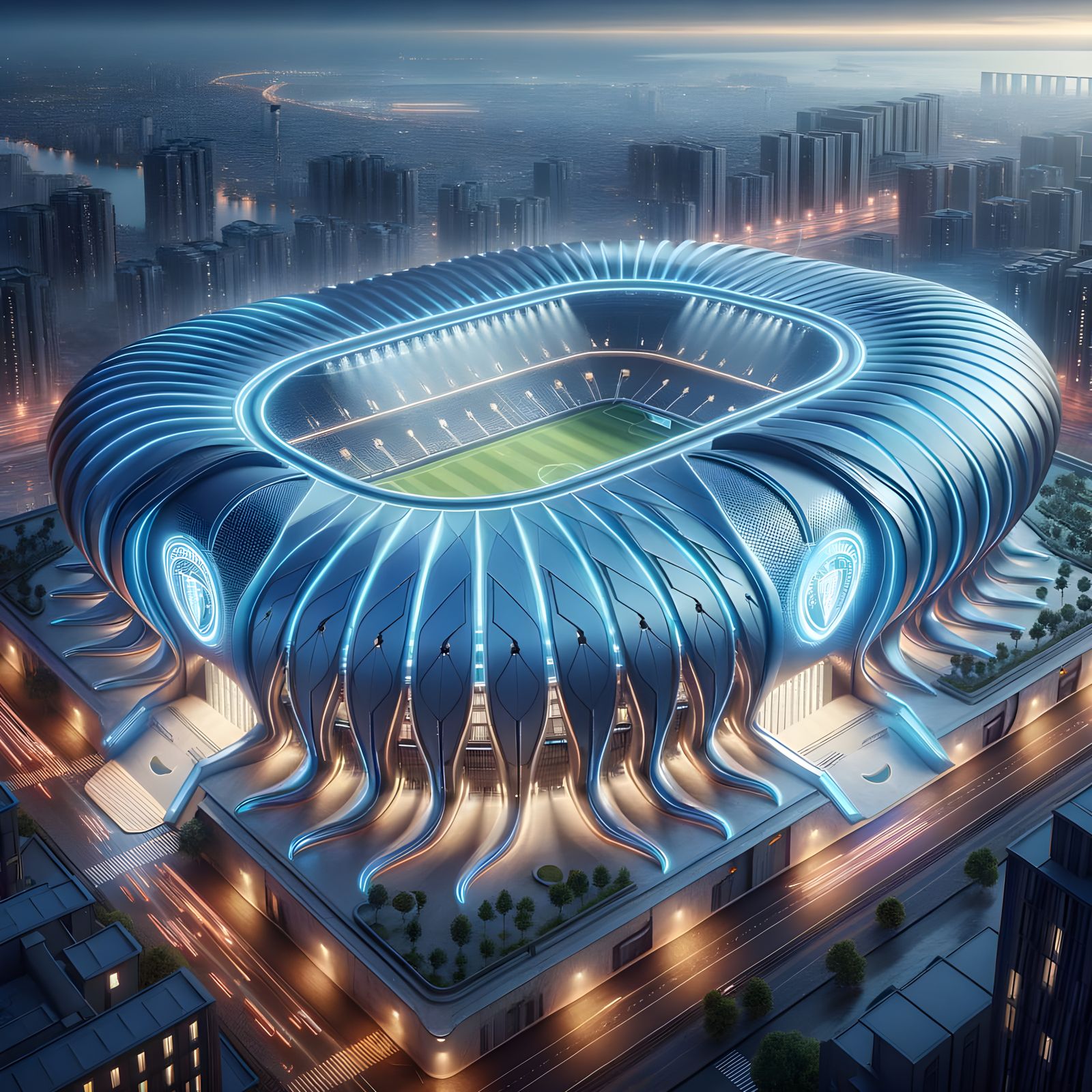 Futuristic Stadium in Biomechanical Style with Glowing Blue ...