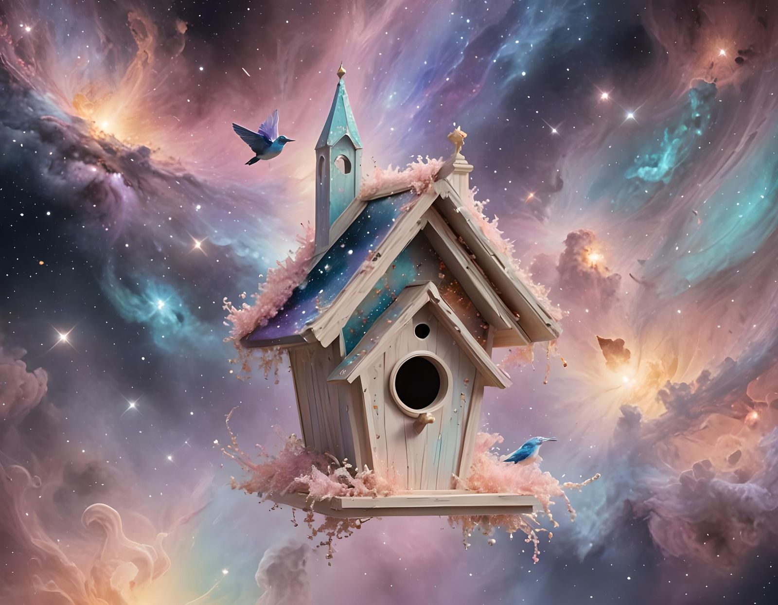 Ethereal Cosmic Birdhouse in Fantasy Art Style