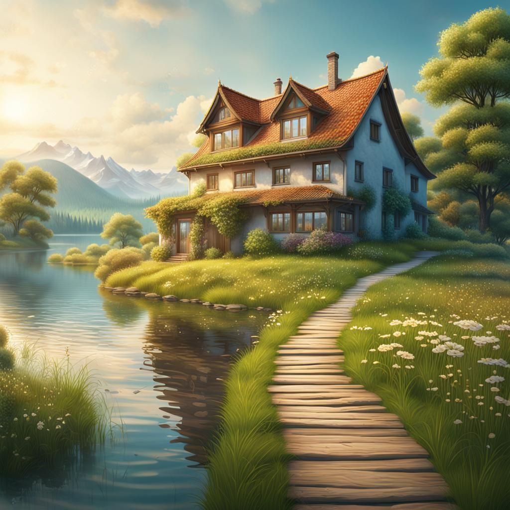 Lake House with Summer Landscape, Hyperrealistic Digital Art