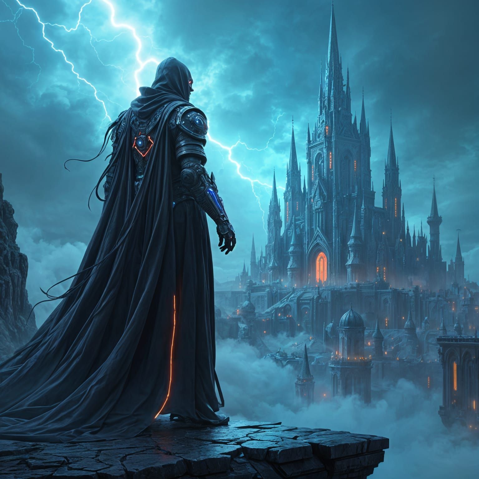Robotic Grand Mage in Stormy Futuristic Kingdom