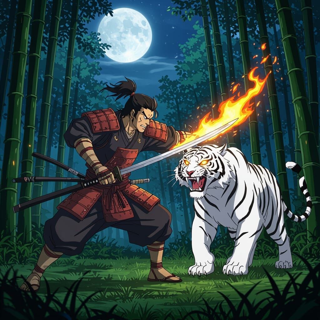 Manga Warrior Battles White Tiger in Moonlit Bamboo Forest