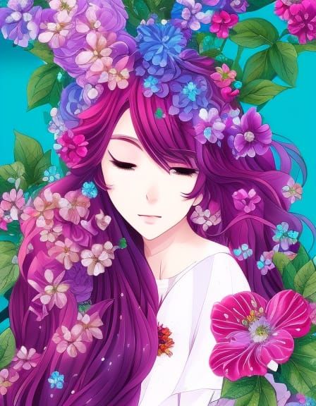 Magenta-Haired Woman in Petal Dress in Anime Style