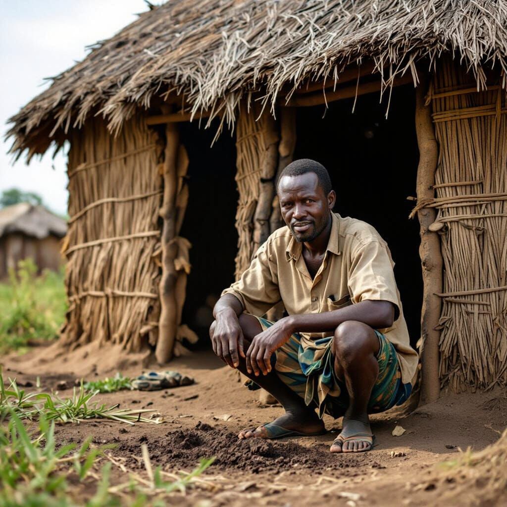 Rural Life in South Sudan: Man Near Grass-Thatched Home