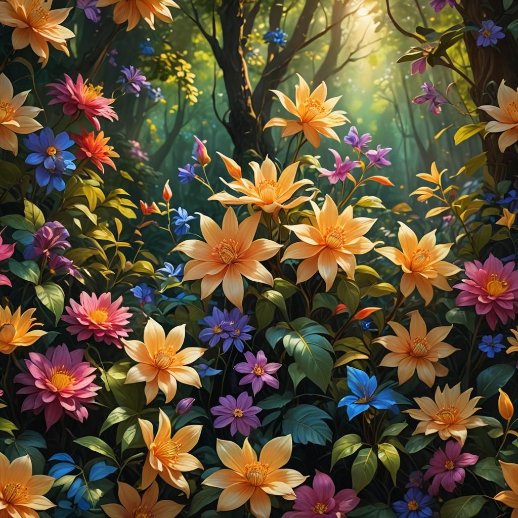 Botanical Fantasy: Vibrant Flowers in Lush Forest