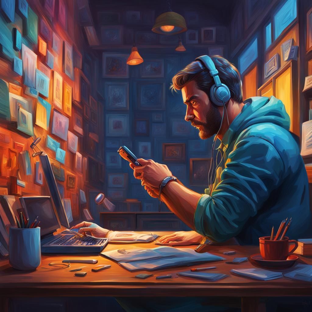 Hyperrealistic Man Answering Phone in Office