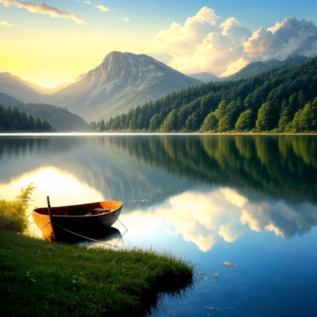 Peaceful Mountain Lake Scene in Whimsical Style