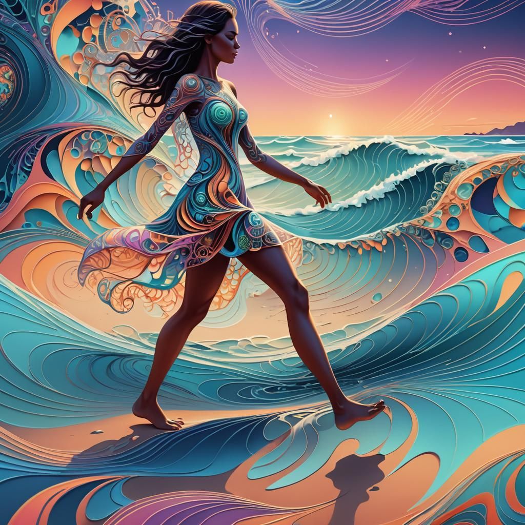 Ethereal Woman on Beach in Abstract Fractal Art