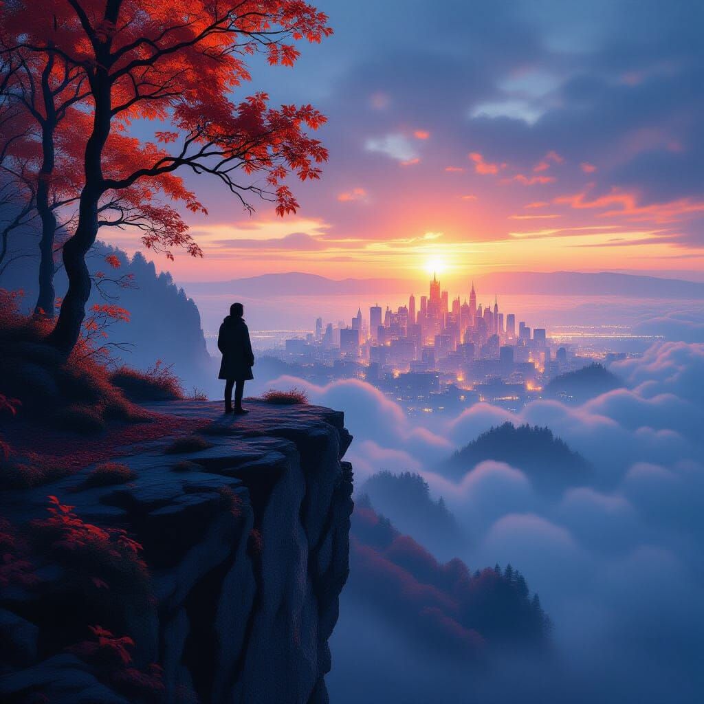 Misty Cliff Twilight City View, Autumn Forest Double Exposur...