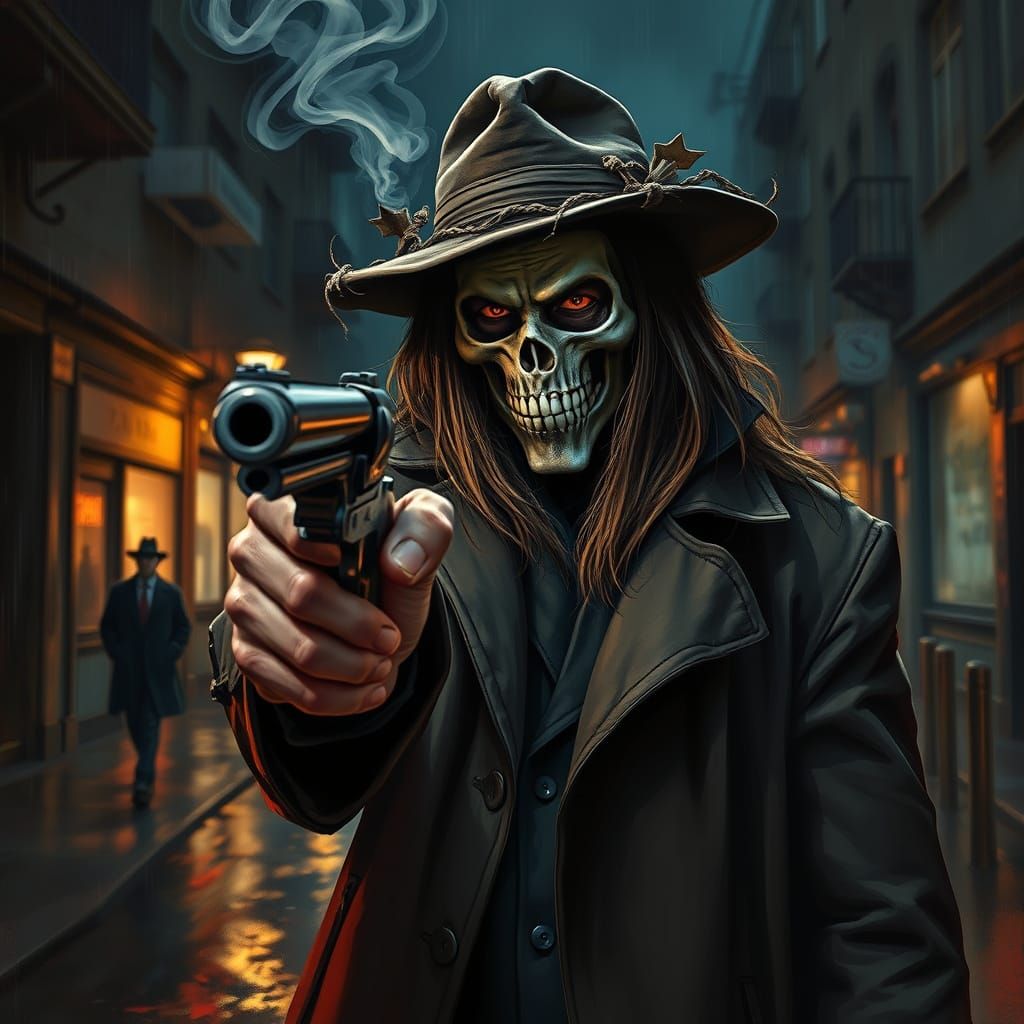 Sinister Man in Rain-Slicked Street, Hyperrealistic Style