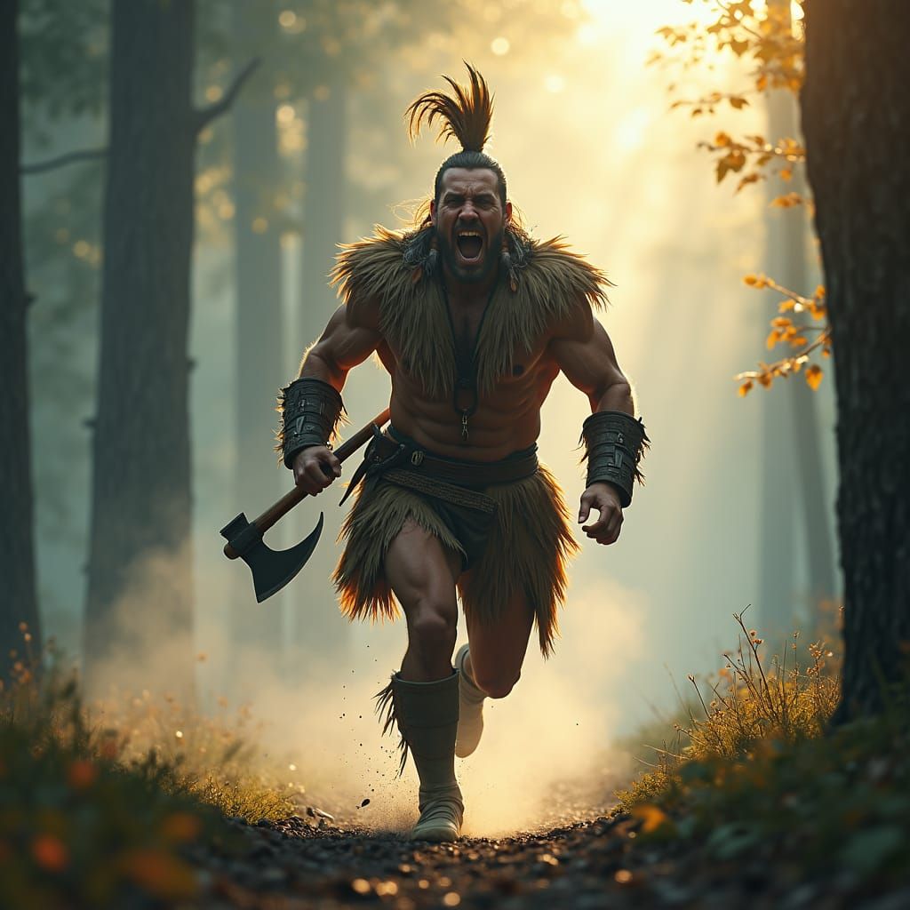 Warrior Sprinting with Tomahawk in Misty Forest