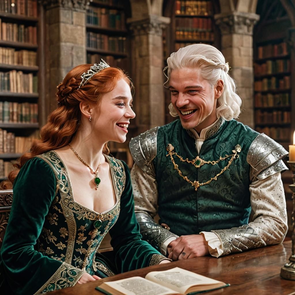 Laughing Prince and Princess in Medieval Library