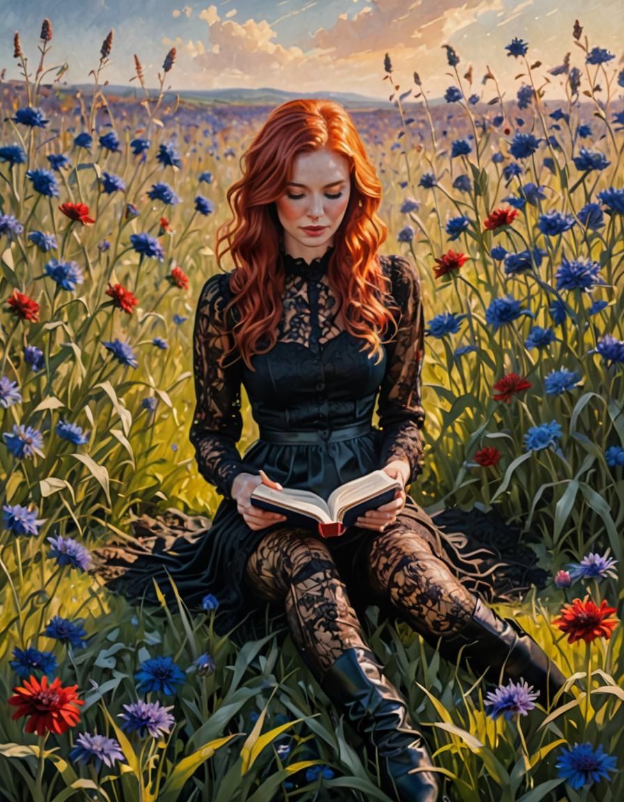 Woman Reading in Cornflowers, Vibrant Oil Painting