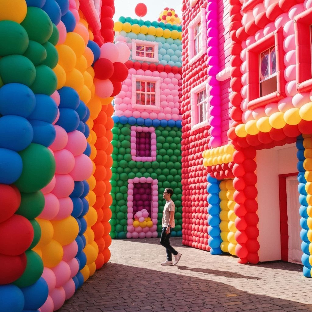 Vibrant Balloon City Street Scene at Eye Level