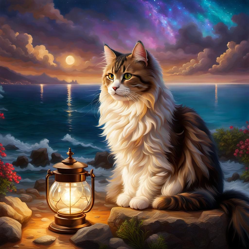 Majestic Cat Contemplates Sea in Fantasy Art Style
