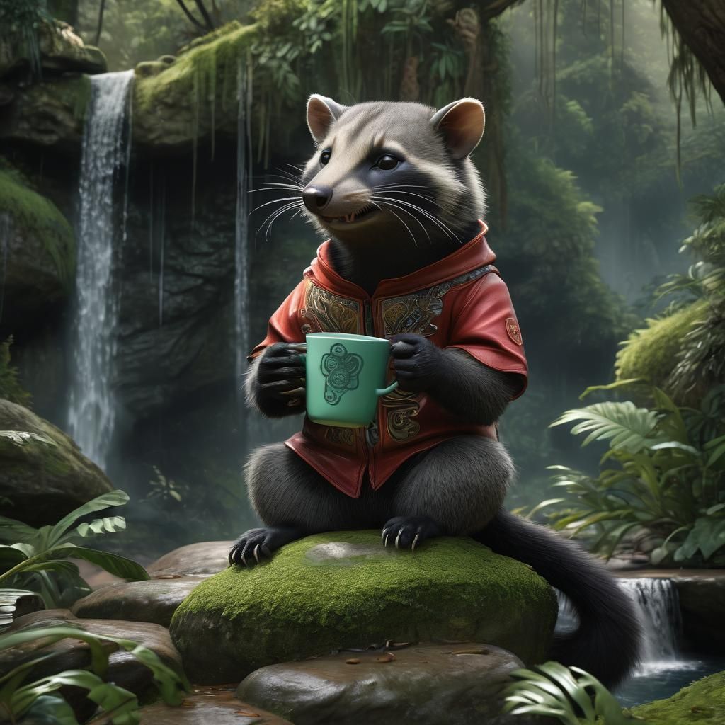 Asian Palm Civet Enjoying Coffee by Waterfall