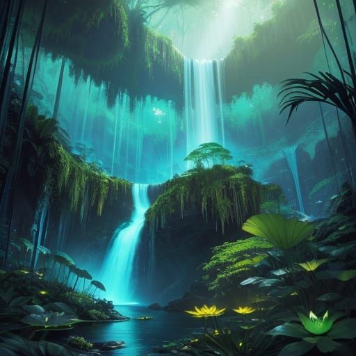 Enchanted Jungle Oasis with Bioluminescent Blooms and Majest...