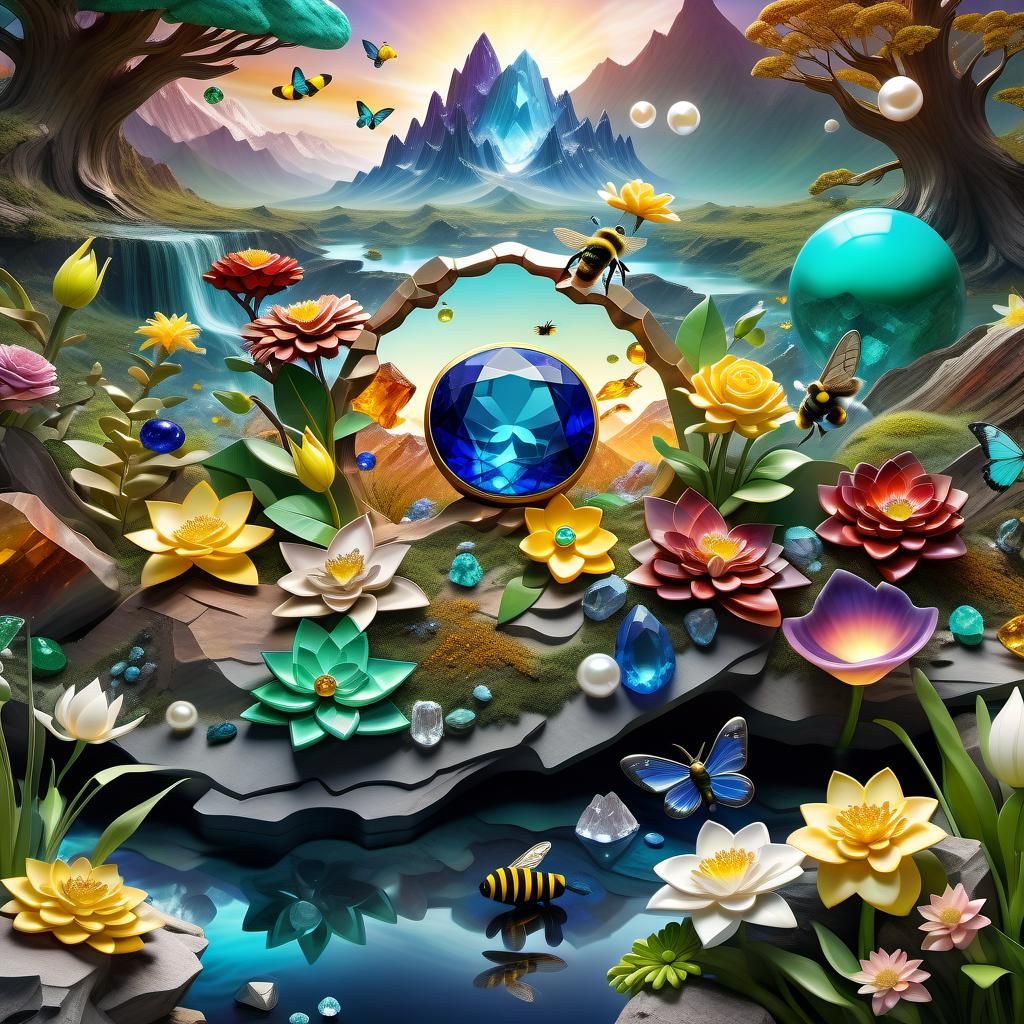 Vibrant Gemstone Landscape with Yellow Topaz Sun