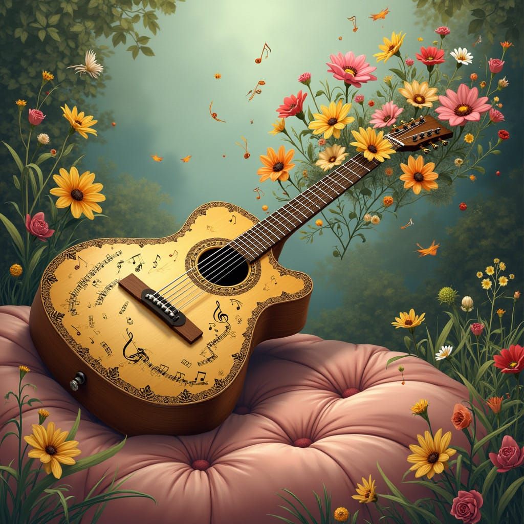 Musical Notes Bloom from a Guitar in Whimsical, Dreamlike Sc...