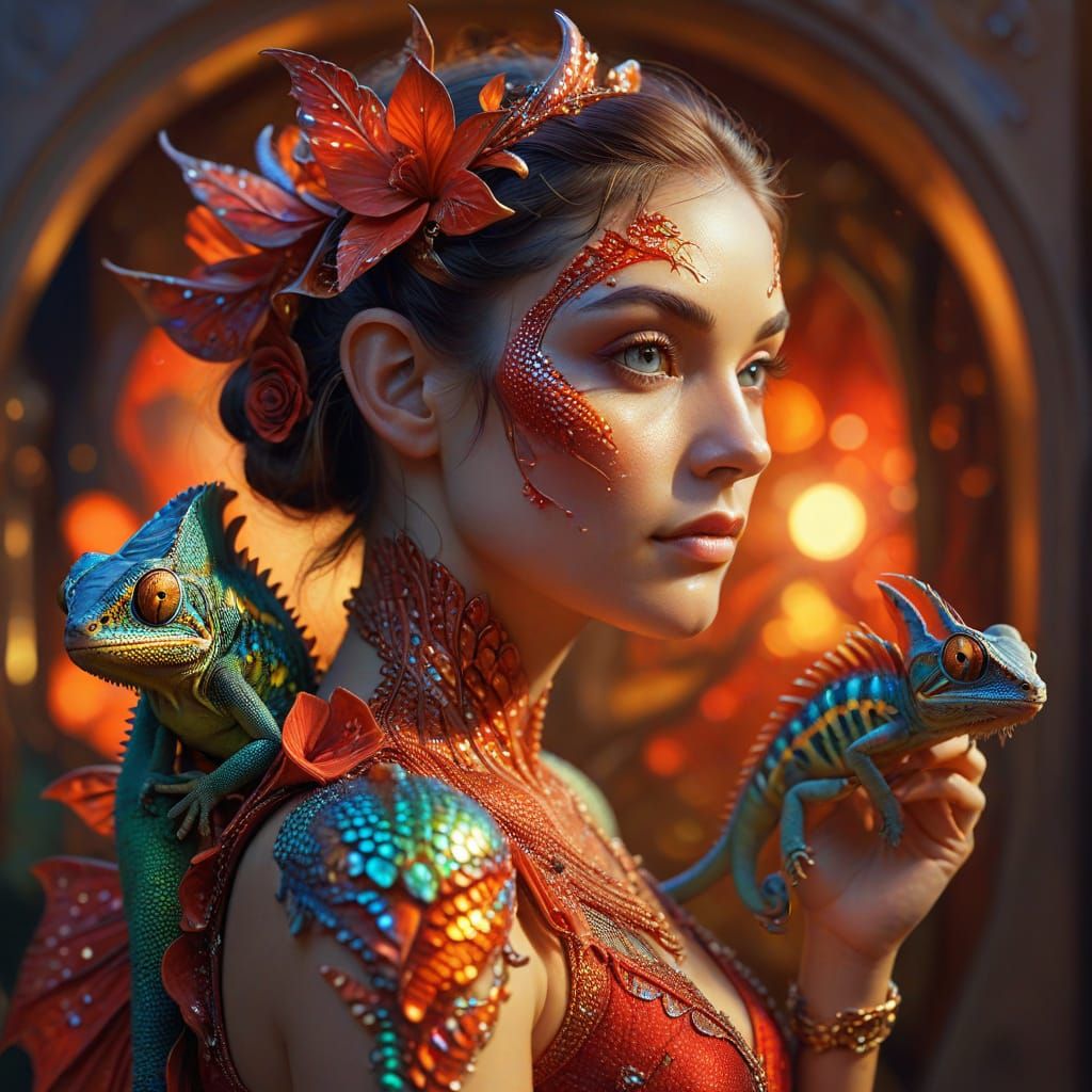 Fairy with Chameleon in Vibrant Digital Painting