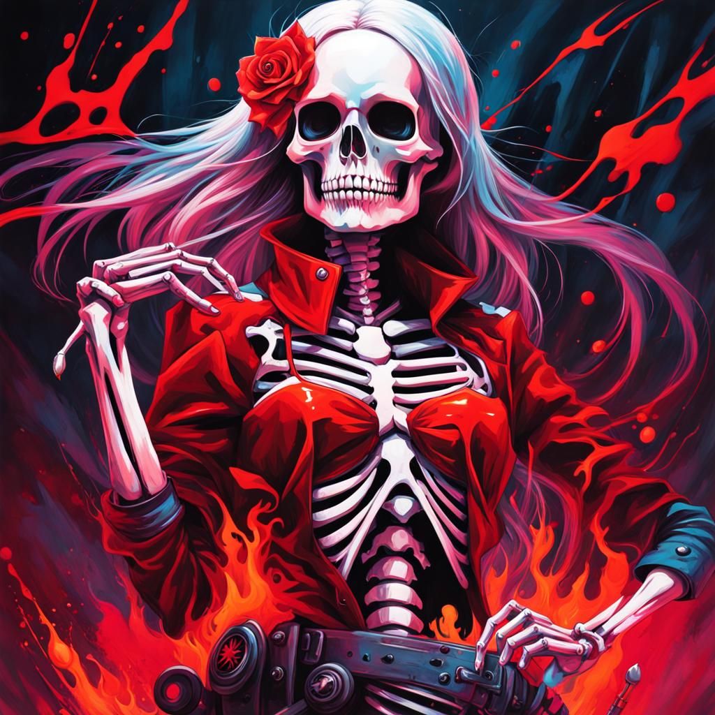 Skeleton Girl Surrounded by Red Magic Graffiti Art