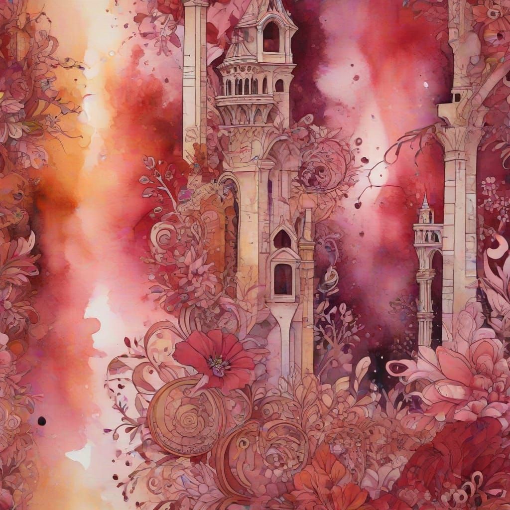 Floral Dreamscape Ruins in Watercolor Style