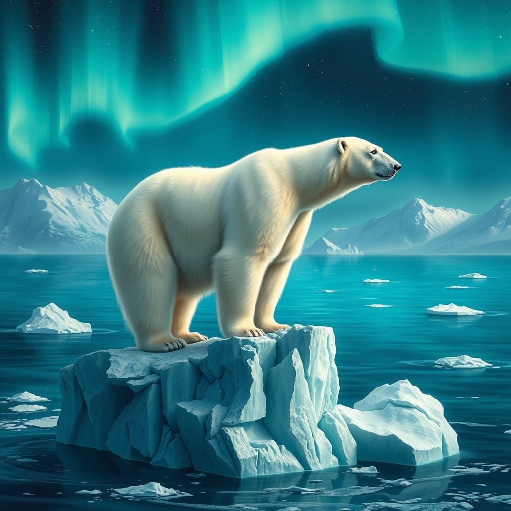 Regal Polar Bear on Turquoise Iceberg Amidst Northern Lights