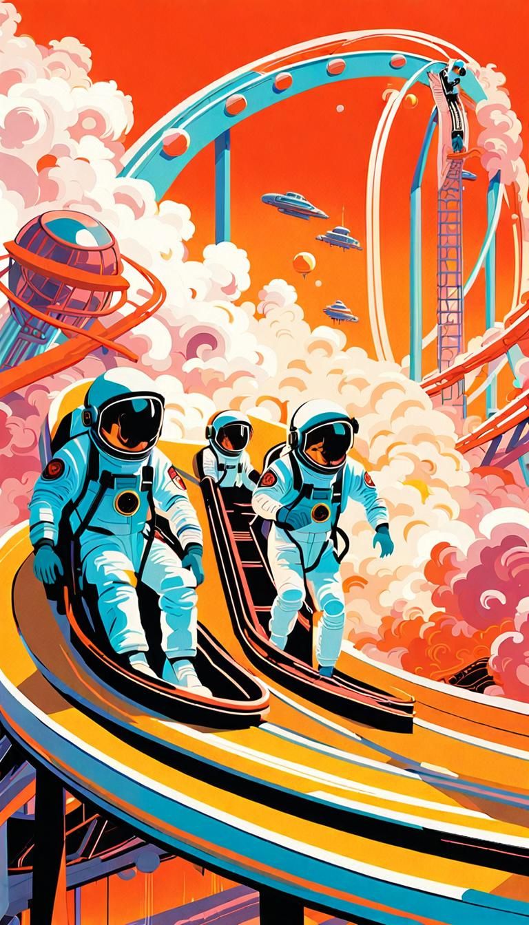 Cosmonauts' Theme Park Re-entry Slide in Pop Art Style