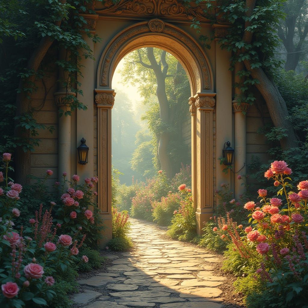 Enchanted Garden Doorway: Surreal Dreamscape