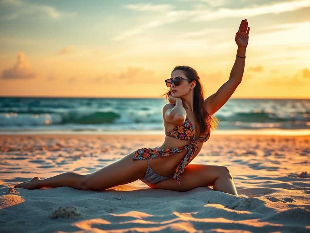 Fit Young Woman Stretches on Vibrant Beach at Golden Hour