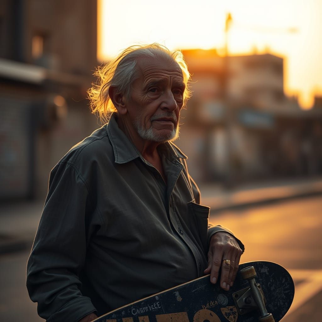 Elderly Skateboarder at Dawn in Photorealistic Style