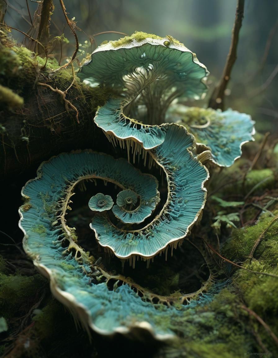Detailed Close Up of Spiral Fungus on Forest Floor