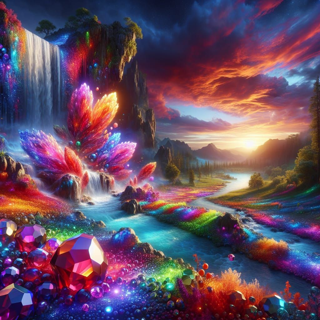 Vibrant Gemstone Waterfall at Sunset in Splash Art Style